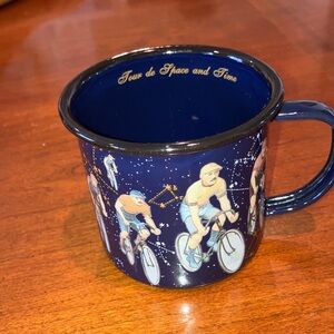 Ted Baker enamel mug, Tour de Space and Time, navy blue with retro cyclists